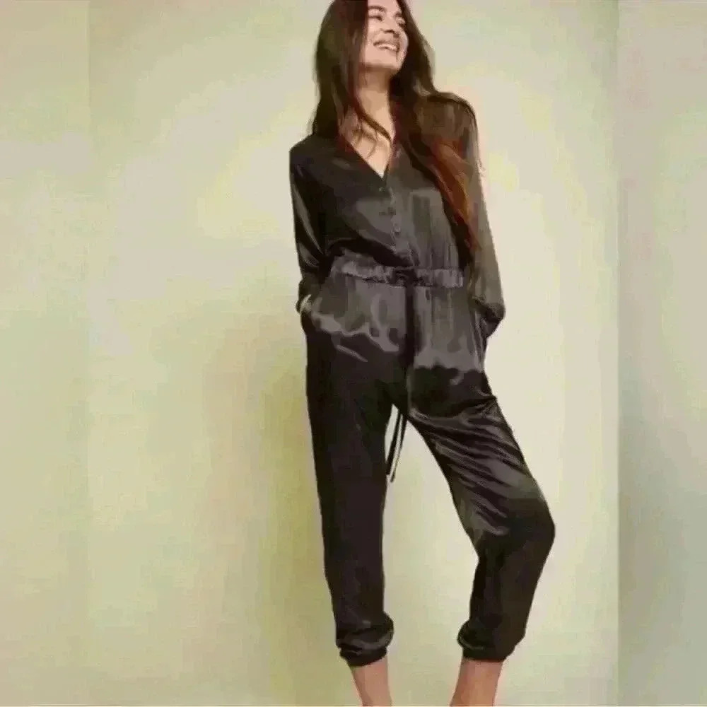 NWT Nation LTD Salma Tracksuit Jumpsuit Liquid Metal Grey Satin Small